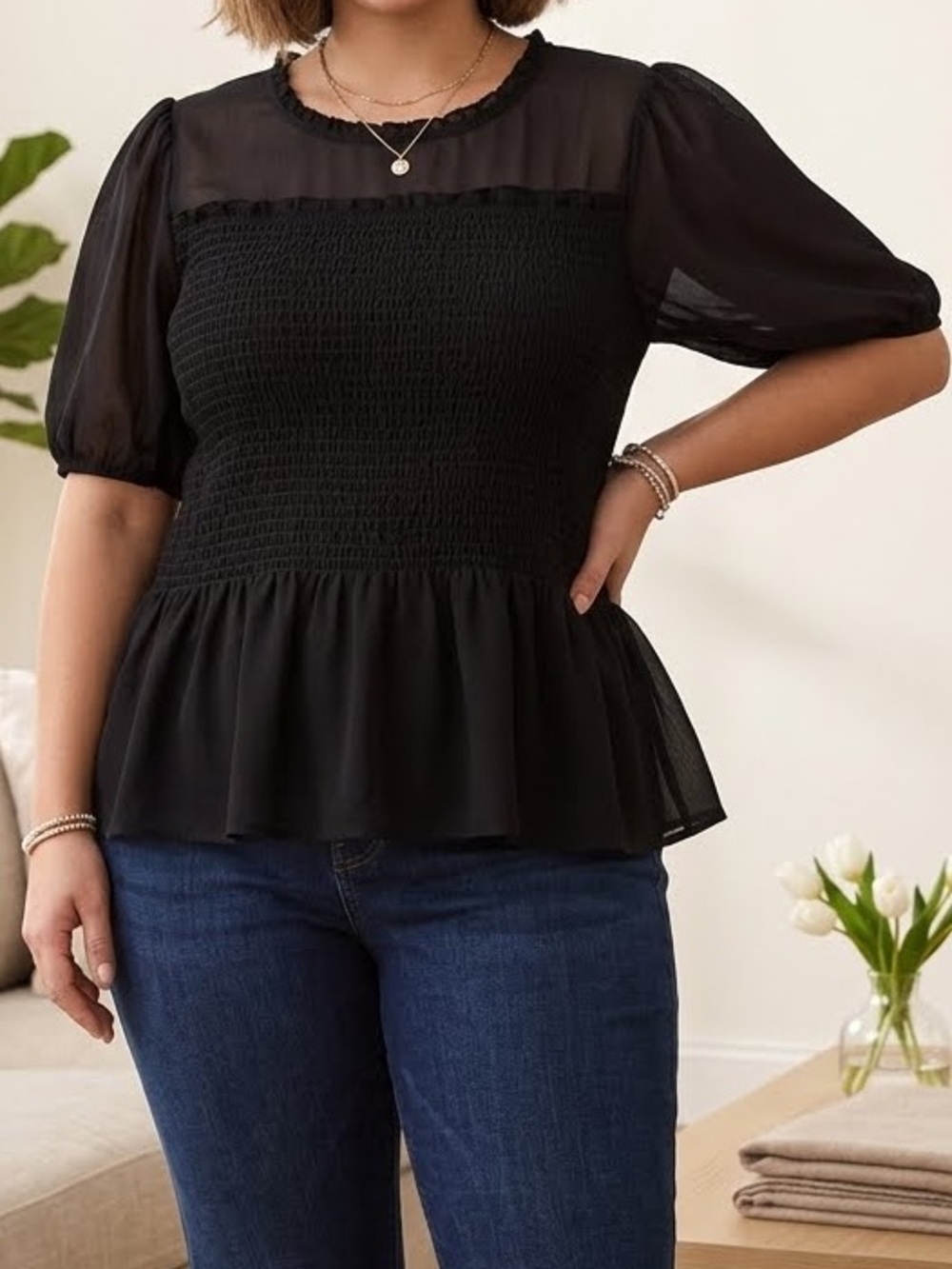 torrid 2 (US XXL) Blouse Black Smocked Peplum Chiffon Puff Short Sleeves Ruffles